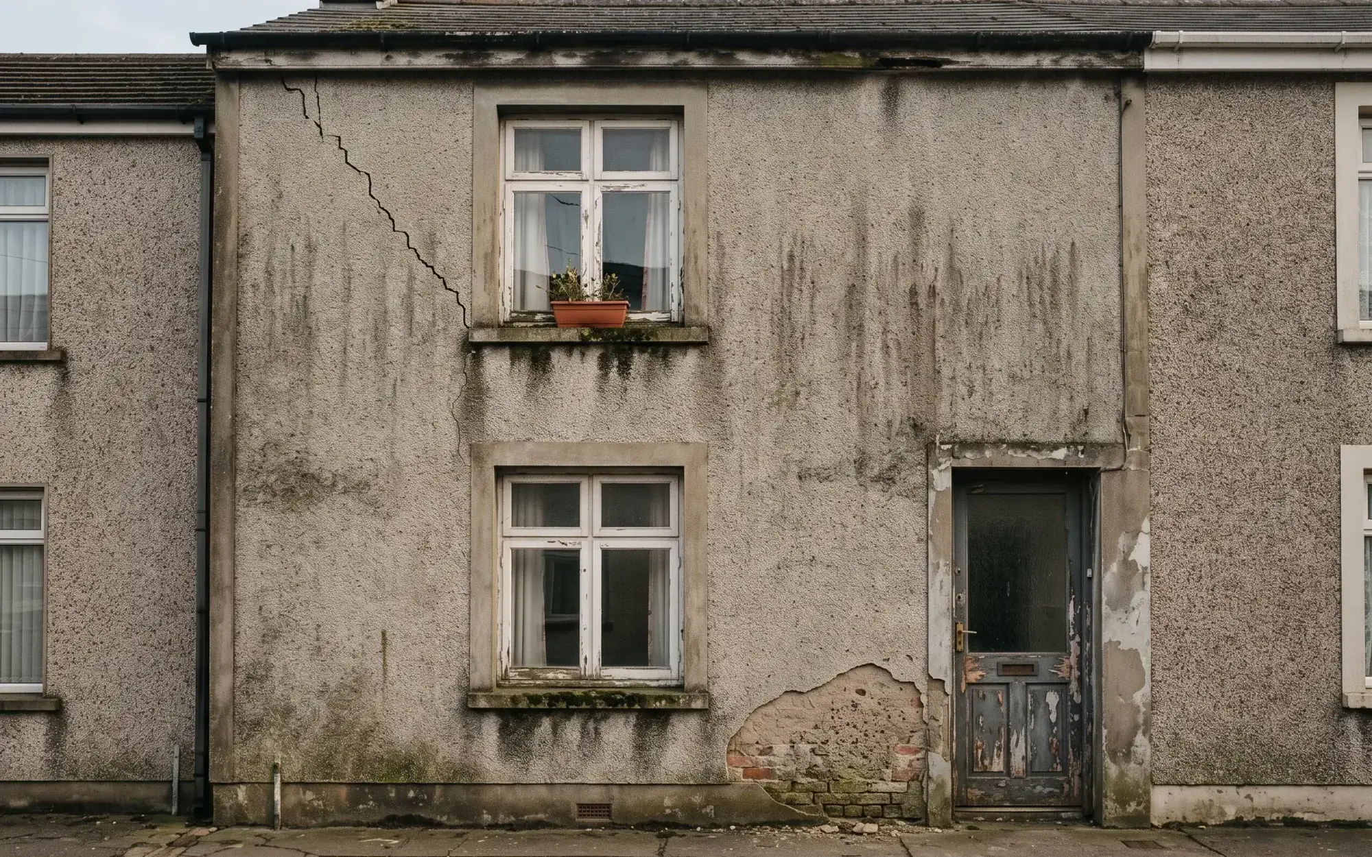 Façade fissurée et encrassée d’une maison des années 1970 avant travaux